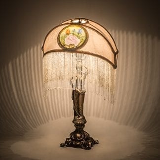 Reverse Painted Roses Fabric with Fringe Table Lamp