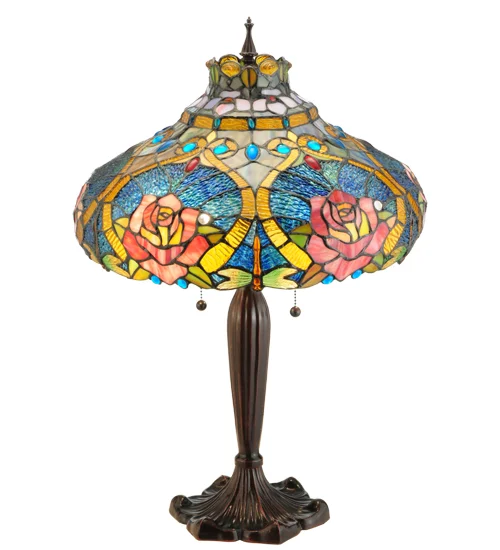 Dragonfly Rose Table Lamp 138108 - Stained Glass Shade - 26" Tall